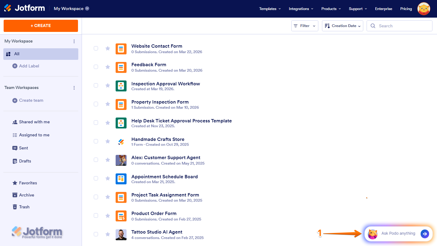 Workspace page showing Jotform AI Chatbot icon in the bottom right corner in Jotform