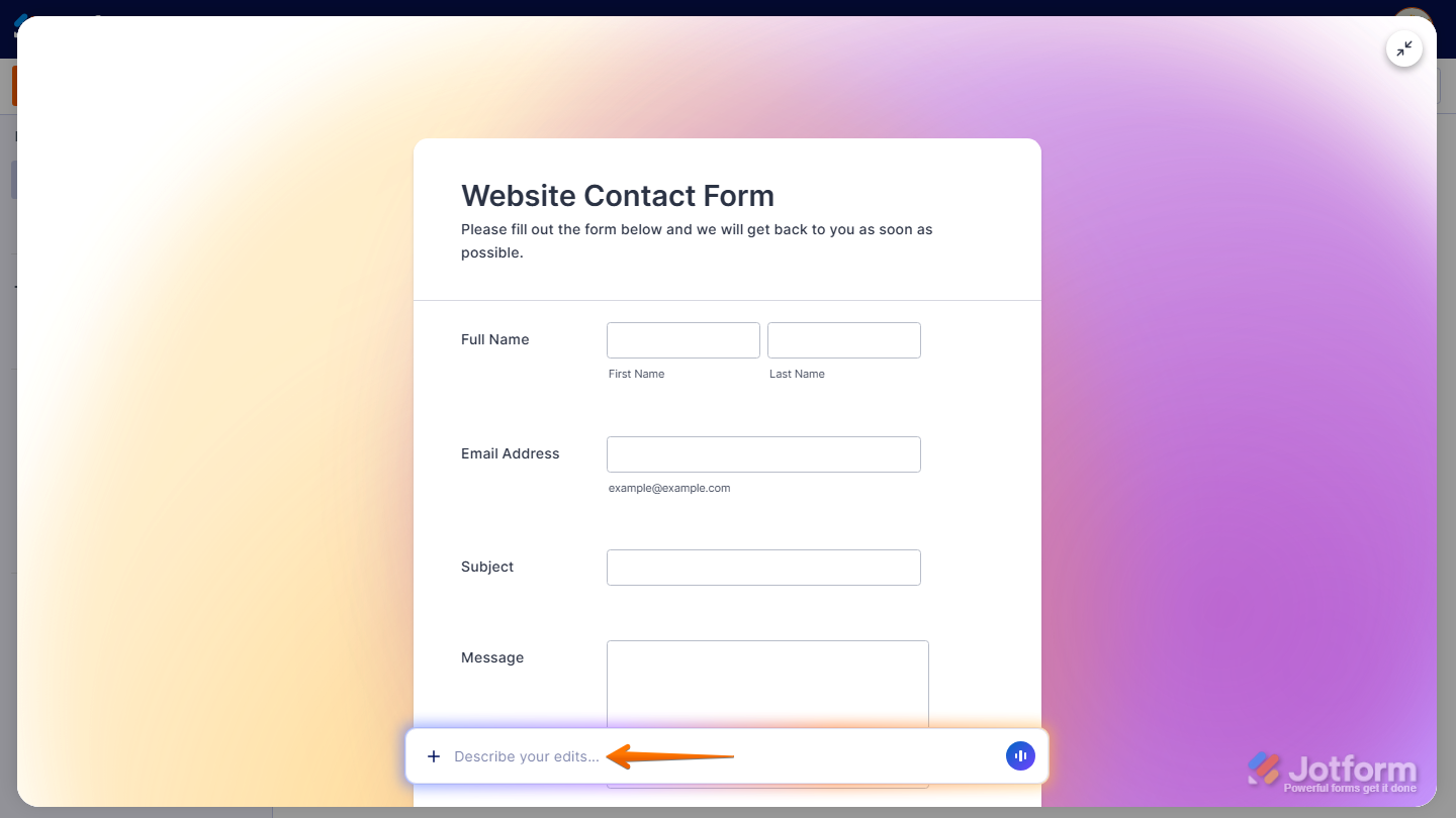 Jotform AI Chatbot showing imported form preview and Describe Your Edits field in Jotform