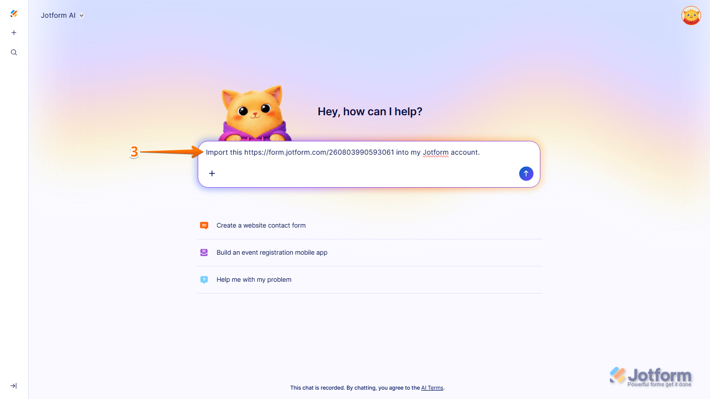 Jotform AI prompt box showing import prompt with form URL or name in Jotform