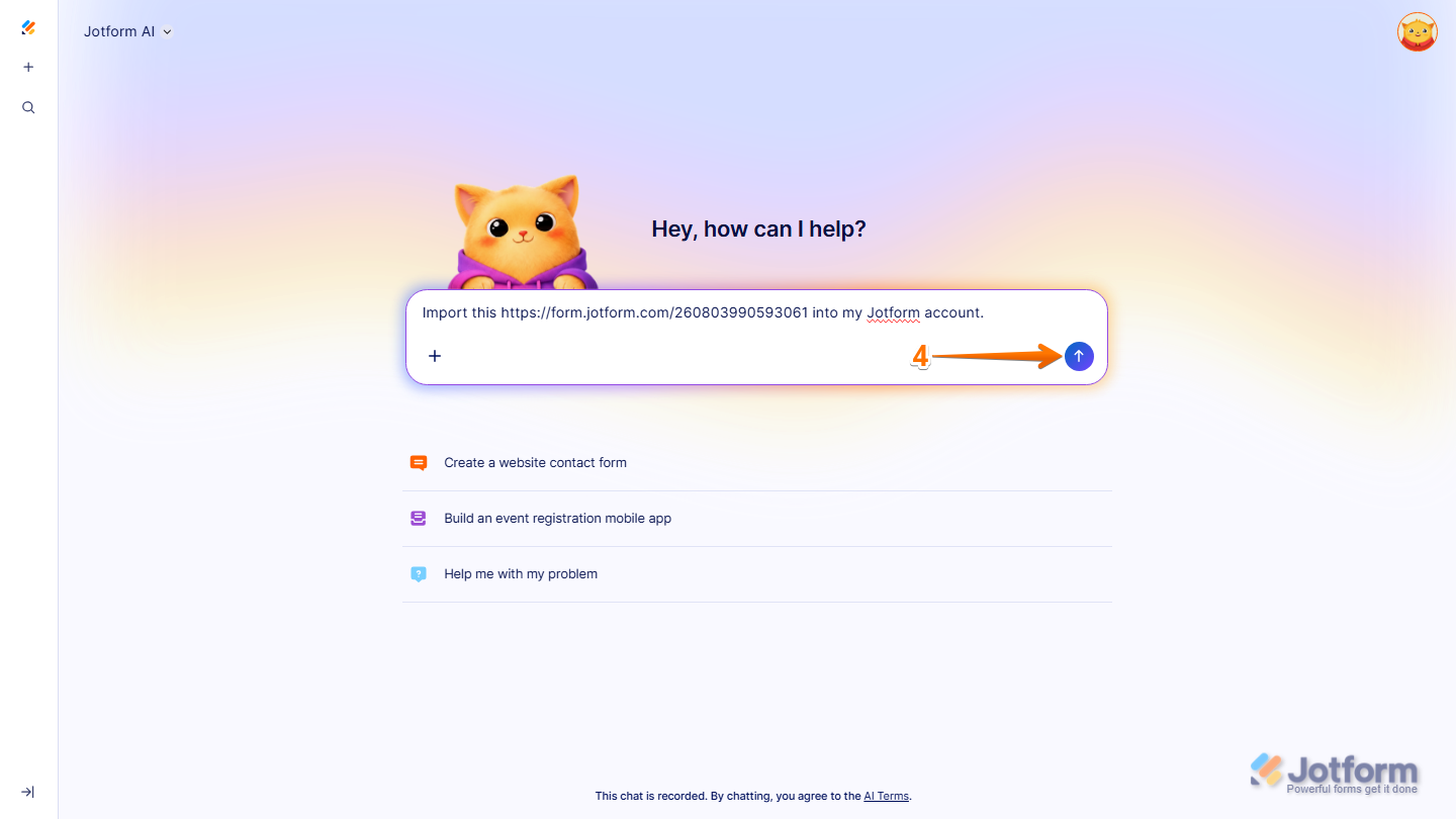 Jotform AI interface showing prompt submission using Enter key or Upward Arrow icon
