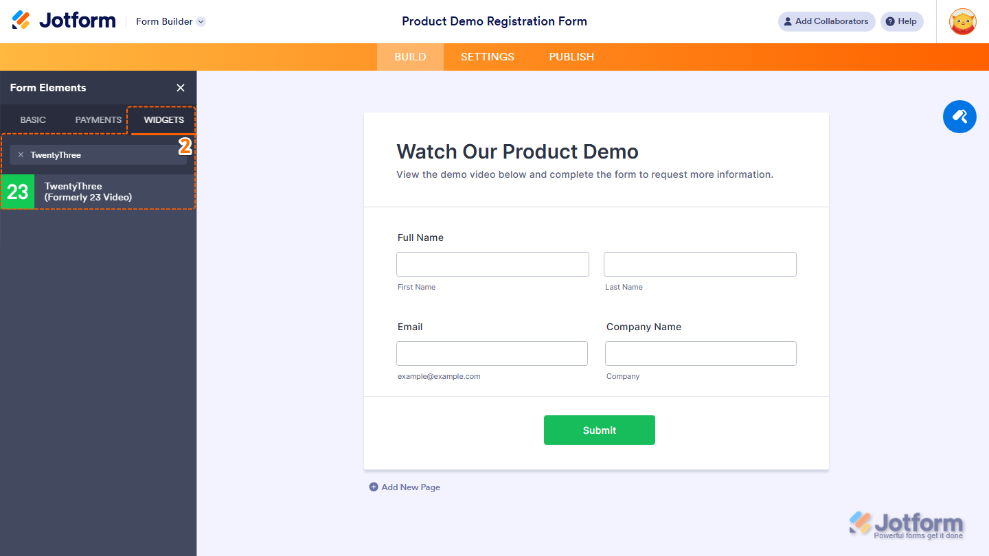 Form Elements Widgets tab showing TwentyThree Formerly 23 Video widget selection in Jotform