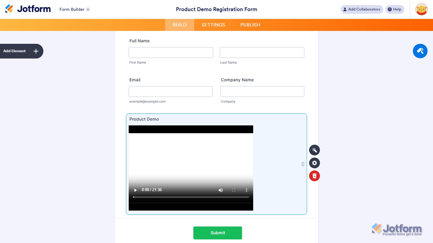 TwentyThree widget successfully added and configured on a Jotform form