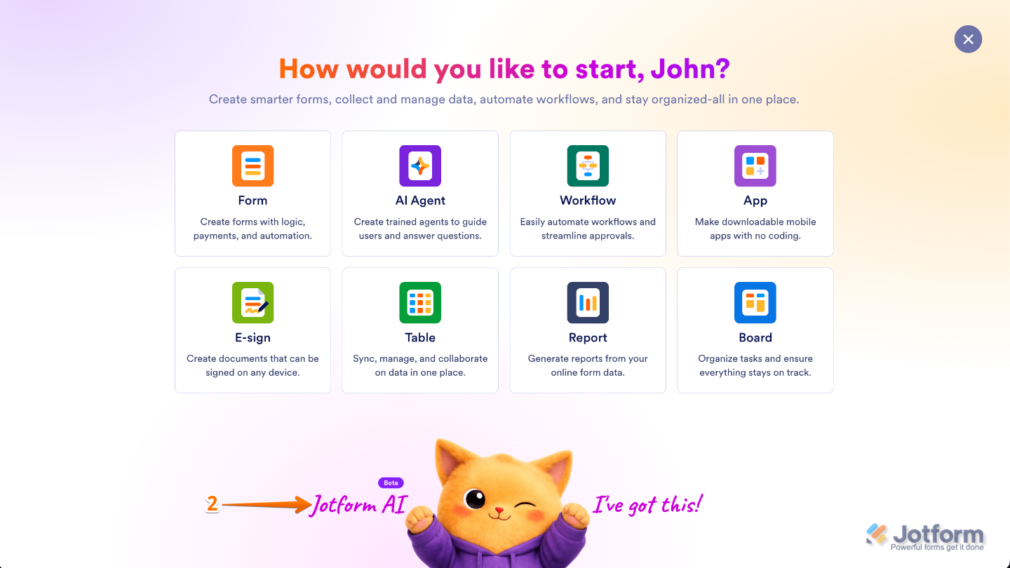 Form creation window showing the Jotform AI option at the bottom to generate a form using AI assistance