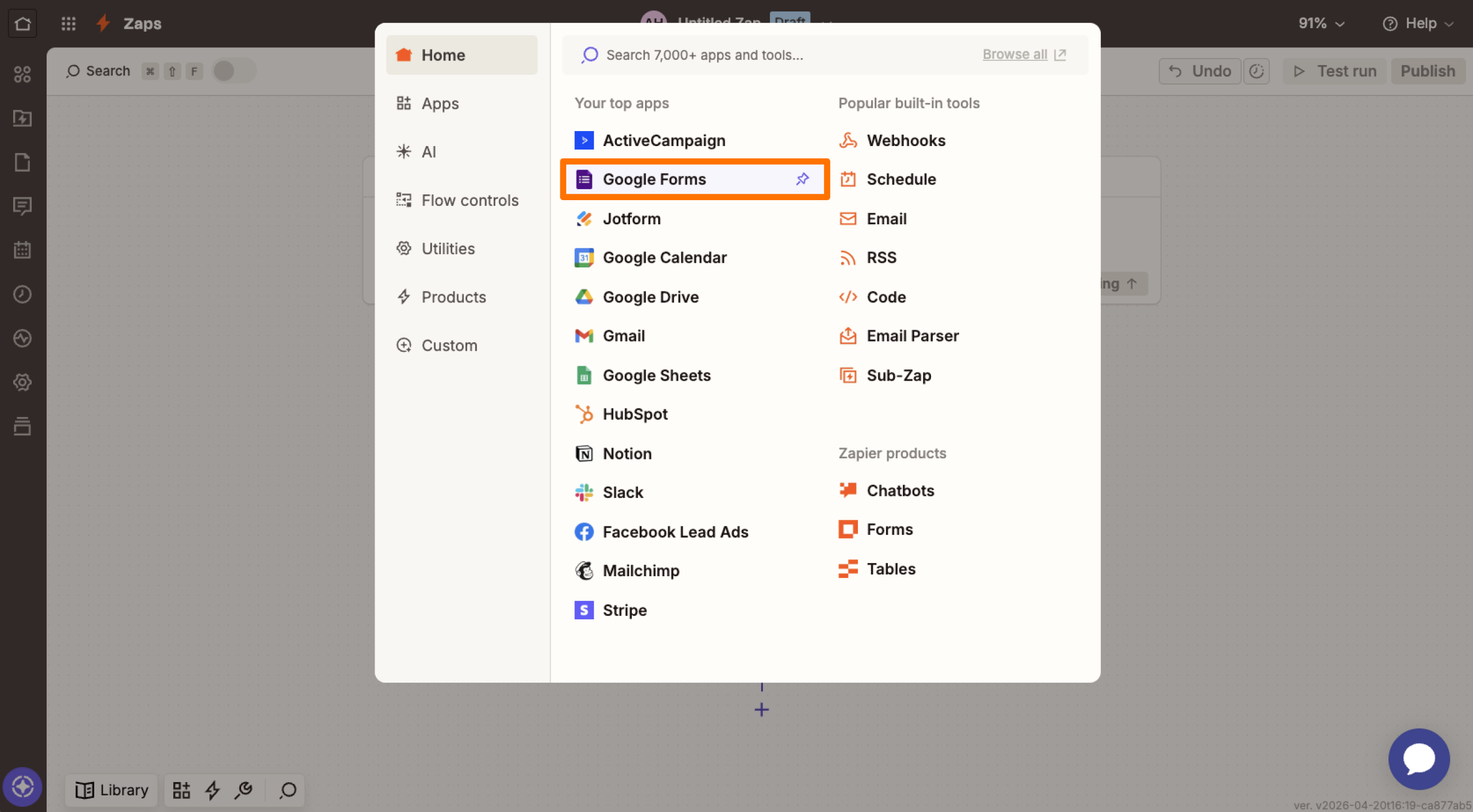 Capture d'écran du menu Déclencheur de Zapier avec l'option Google Forms sélectionnée