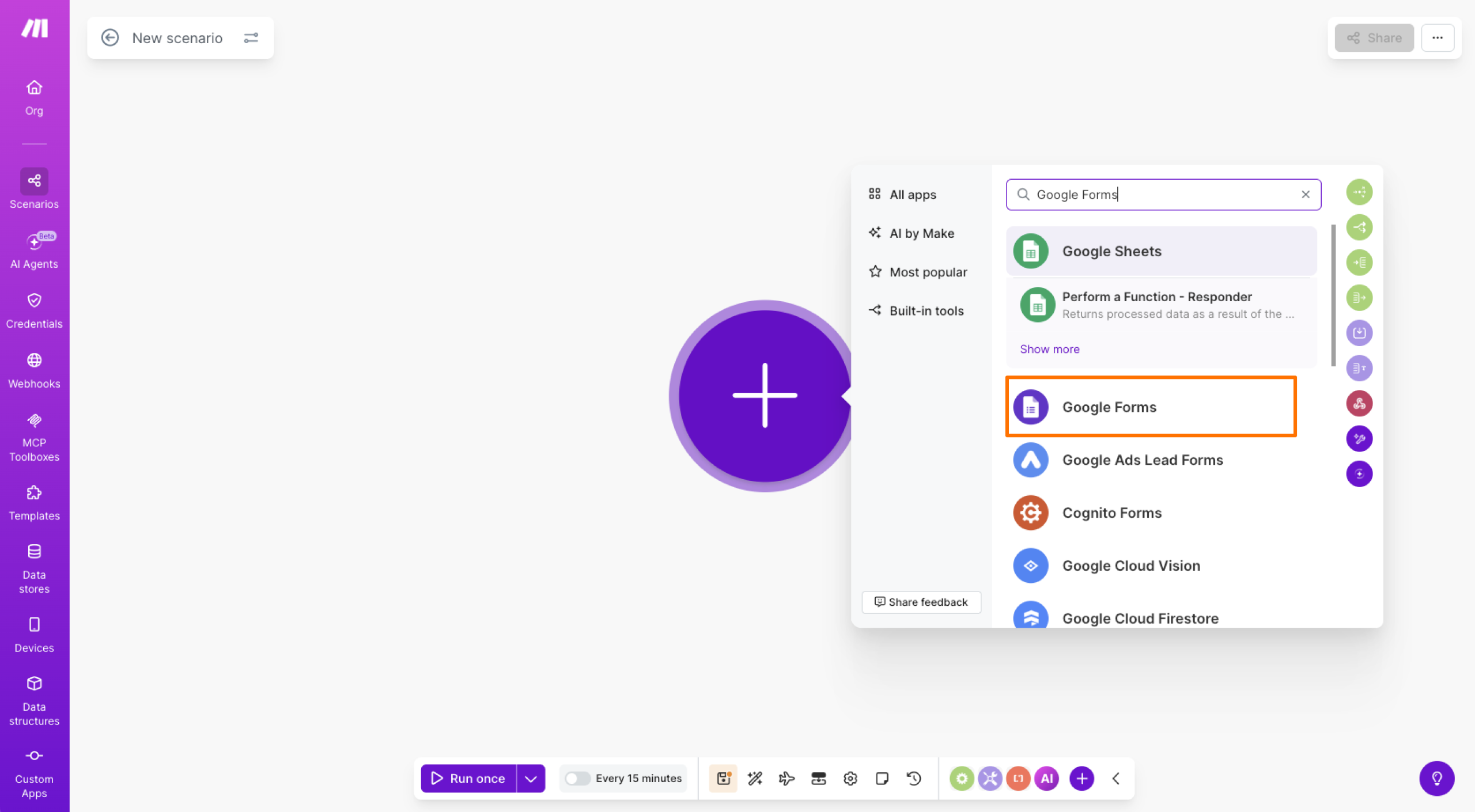 Capture d'écran du module Google Forms dans le compte Make
