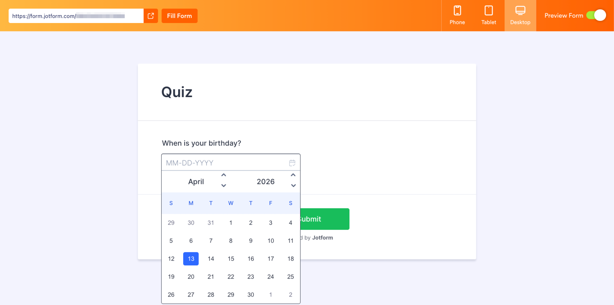 Tipo de pregunta de fecha de Jotform