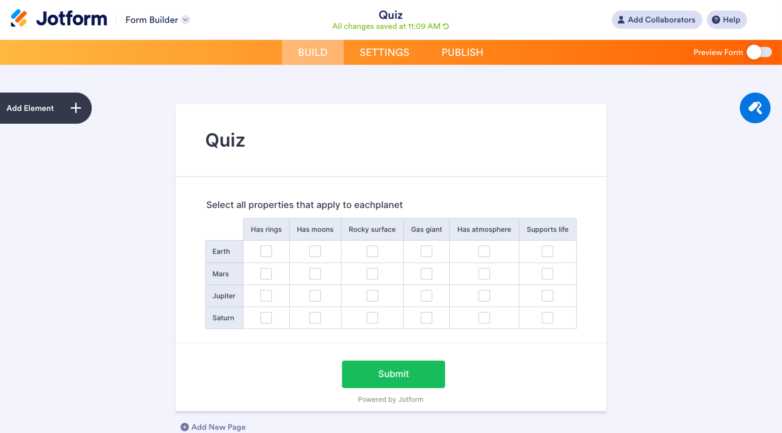 Tipo de pregunta de tabla de entrada con casillas de verificación de Jotform
