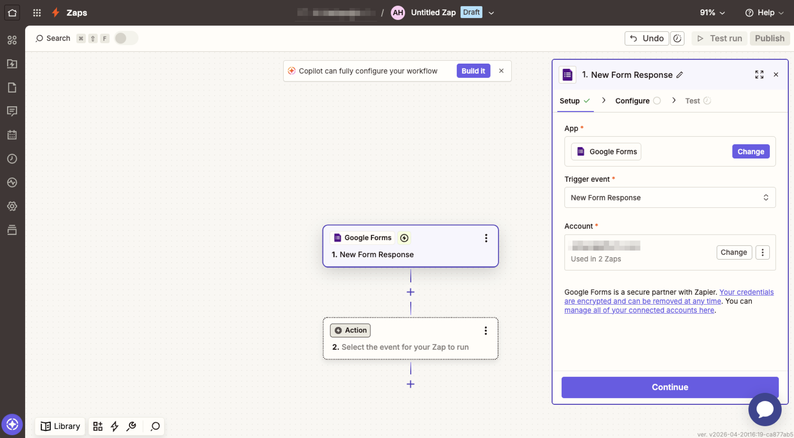 Capture d'écran du menu de configuration du déclencheur Google Forms dans Zapier