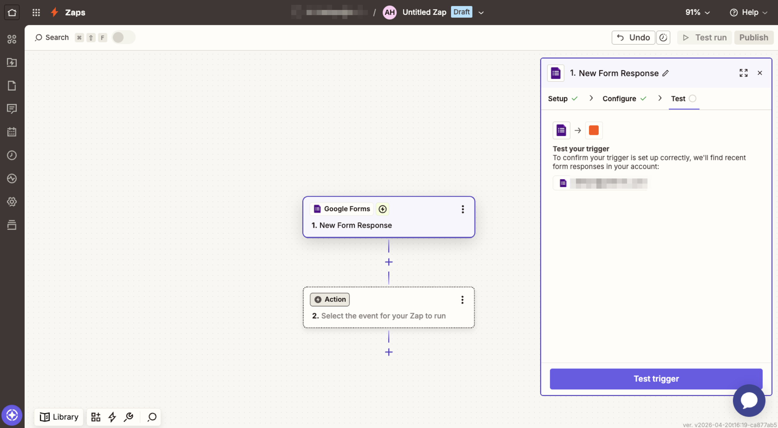 Capture d'écran du menu de configuration du test Google Forms dans Zapier