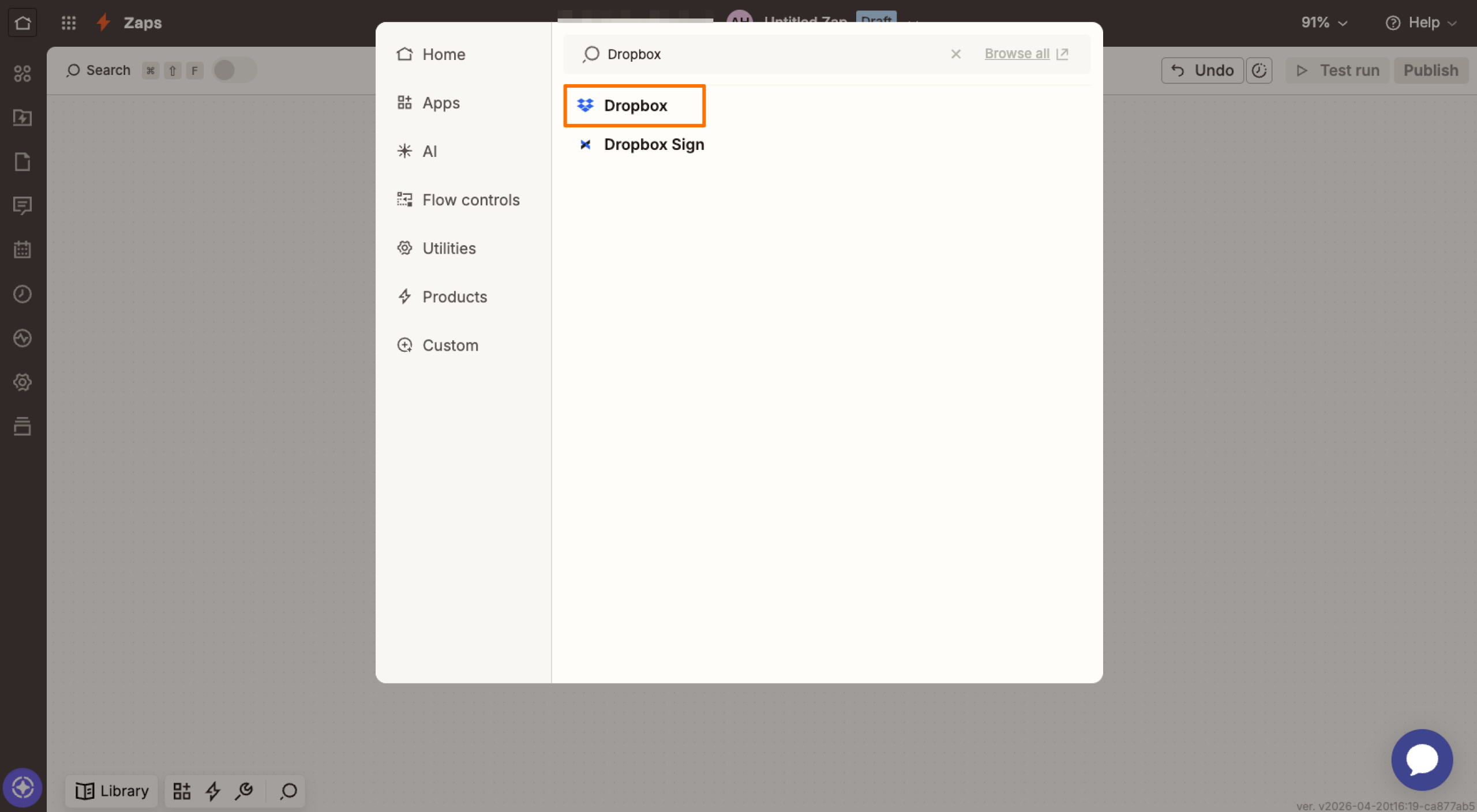 Capture d'écran de l'option Dropbox du menu Action dans Zapier