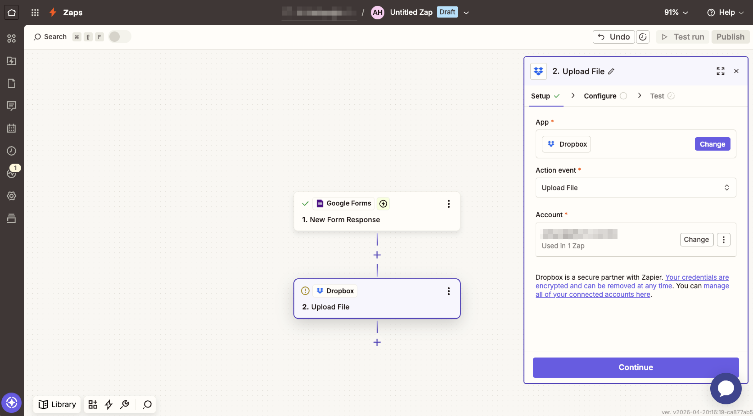 Capture d'écran du menu de configuration de l'action Dropbox dans Zapier