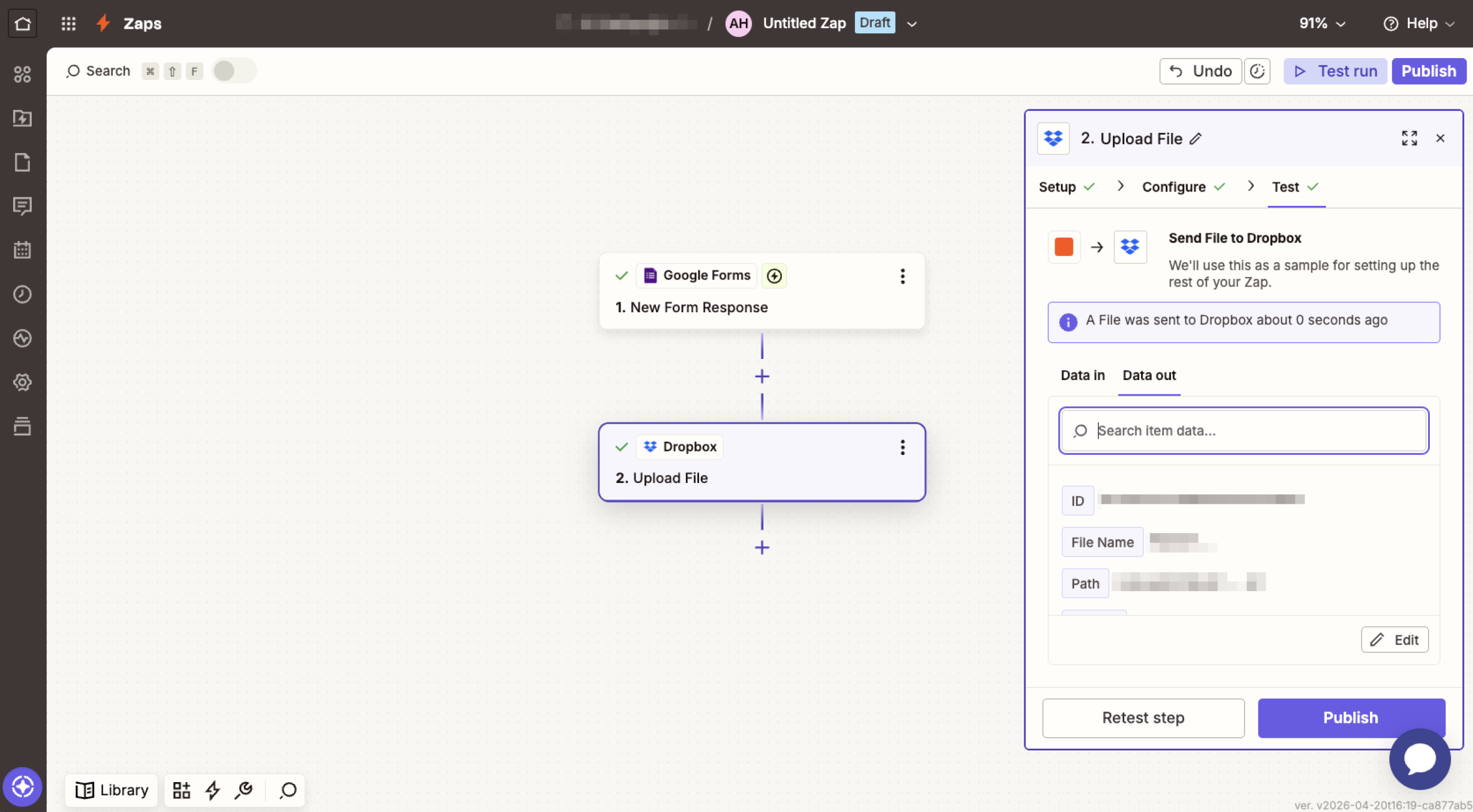 Capture d'écran du menu de test de l'action Dropbox dans Zapier