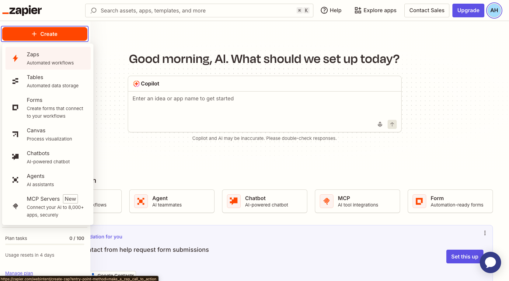 Capture d'écran du menu Créer de Zapier avec l'option Zaps sélectionnée
