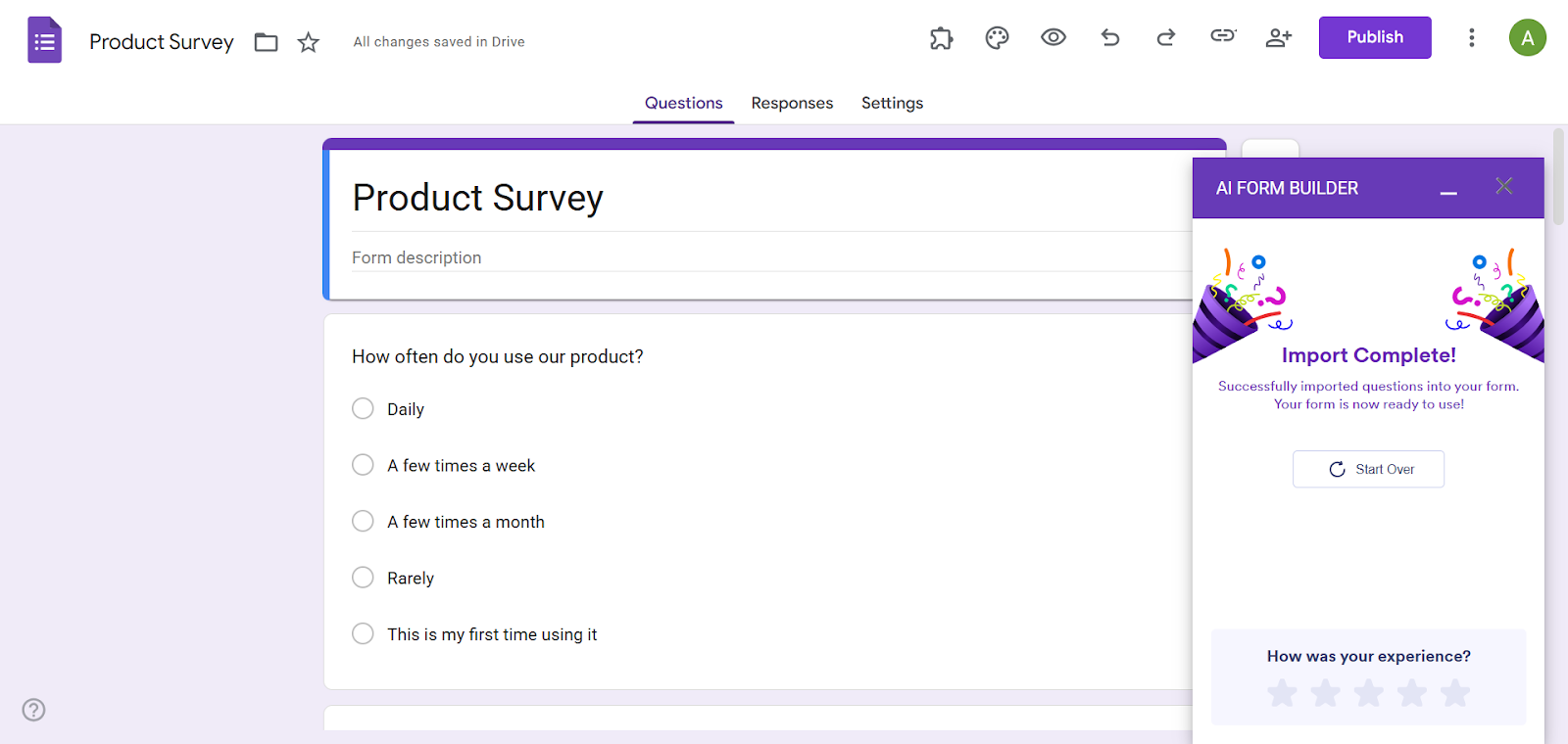 AI Form Builder Import abgeschlossen Bildschirm