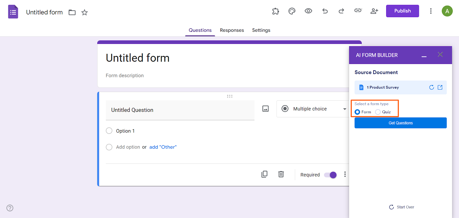 AI Form Builder Formulartyp auswählen Option