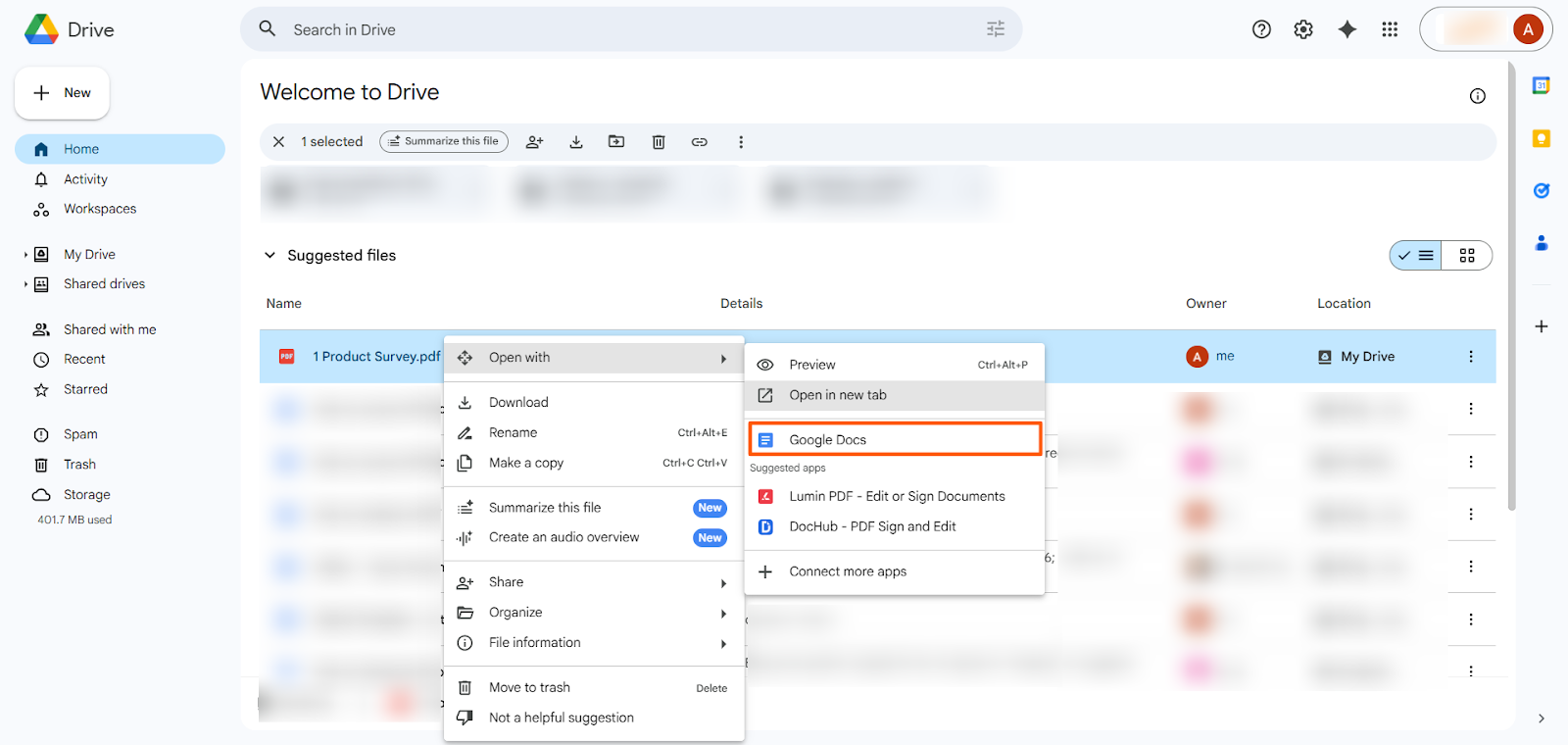 Google Drive PDF mit Google Docs öffnen