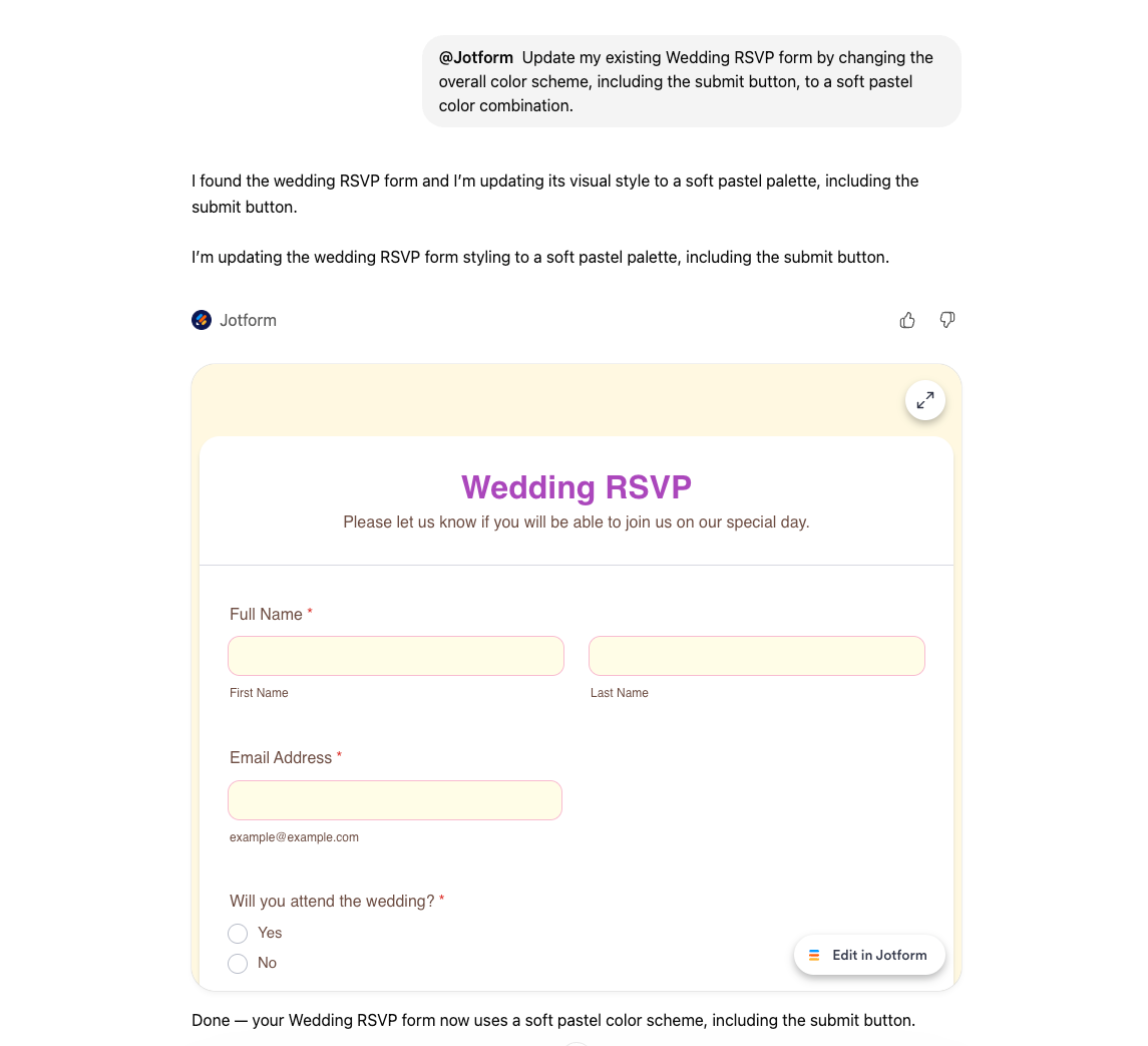 ChatGPT shows an updated version of the Wedding RSVP form with a soft pastel color palette, including the same RSVP fields and an “Edit in Jotform” button