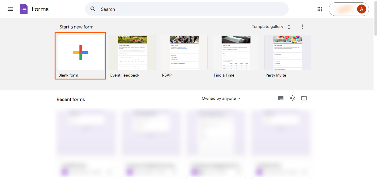 Screenshot of Google Formları home page with the Blank form template highlighted under “Start a new form