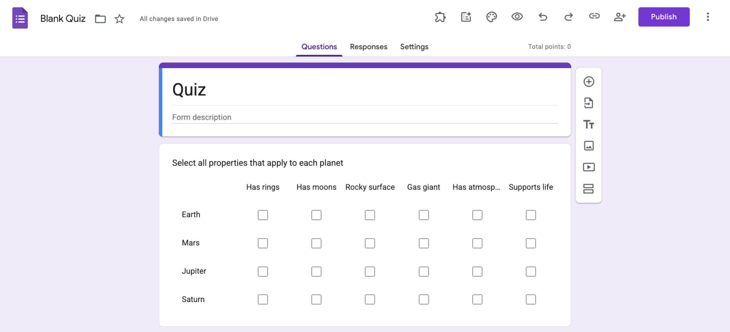 Tipo de pregunta de cuadrícula de casillas de verificación de Google Forms