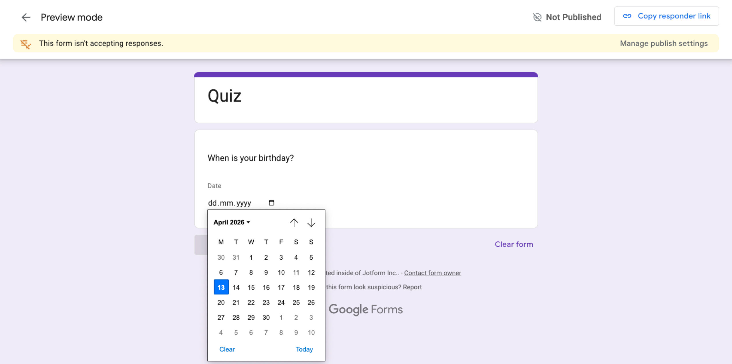 Tipo de pregunta de fecha de Google Forms