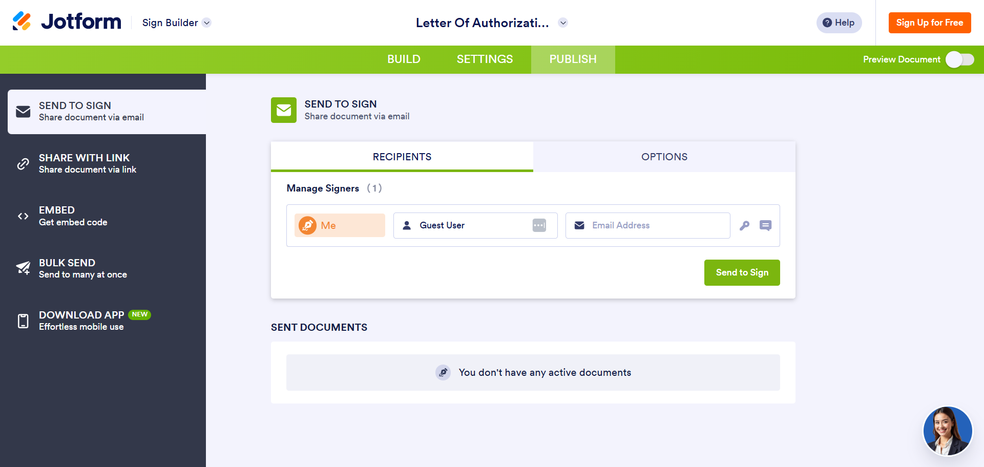 Screenshot of the Jotform Sign Builder on the Publish tab, showing the Recipients section with fields to add signer details