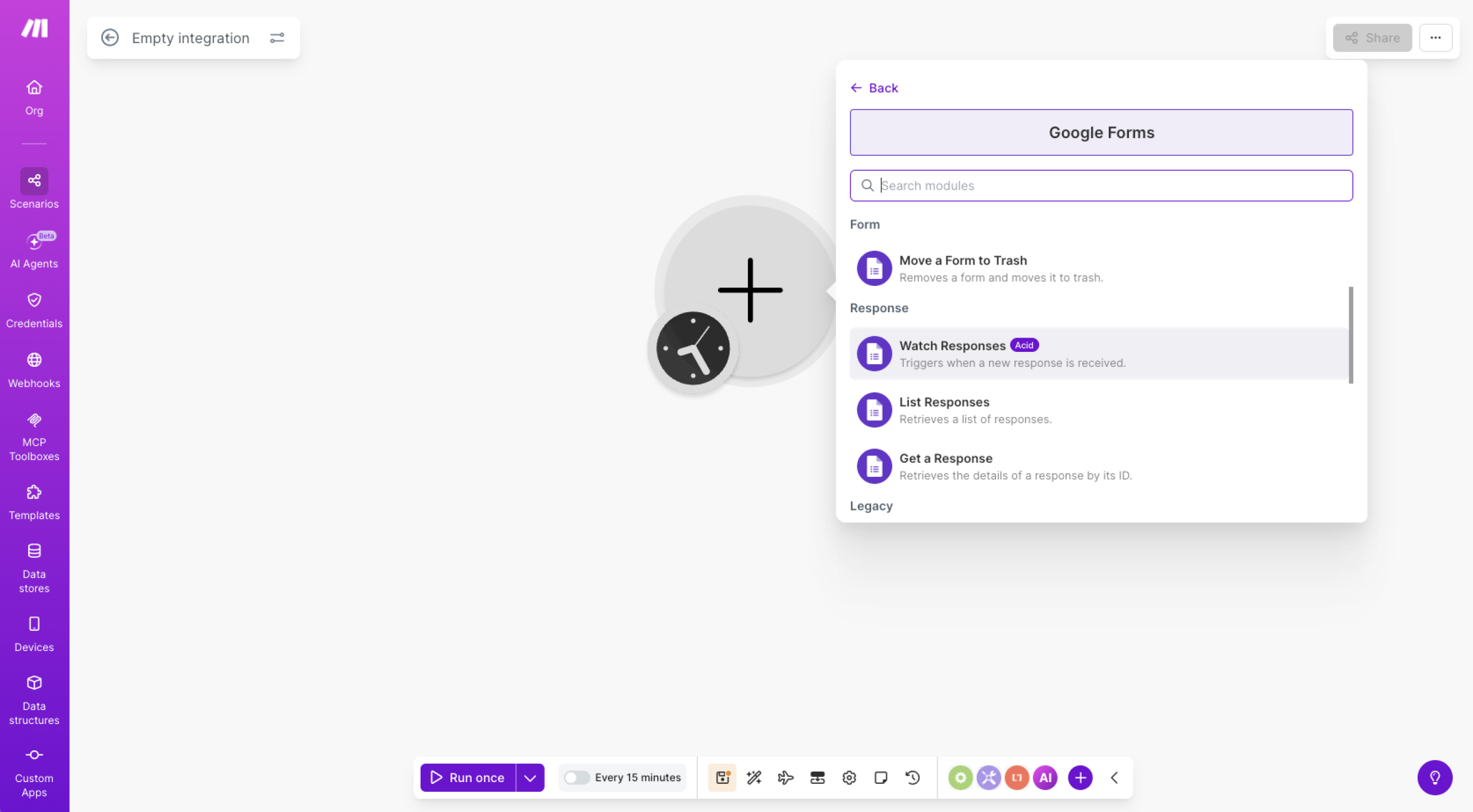 Capture d'écran de la sélection du déclencheur du module Google Forms dans Make