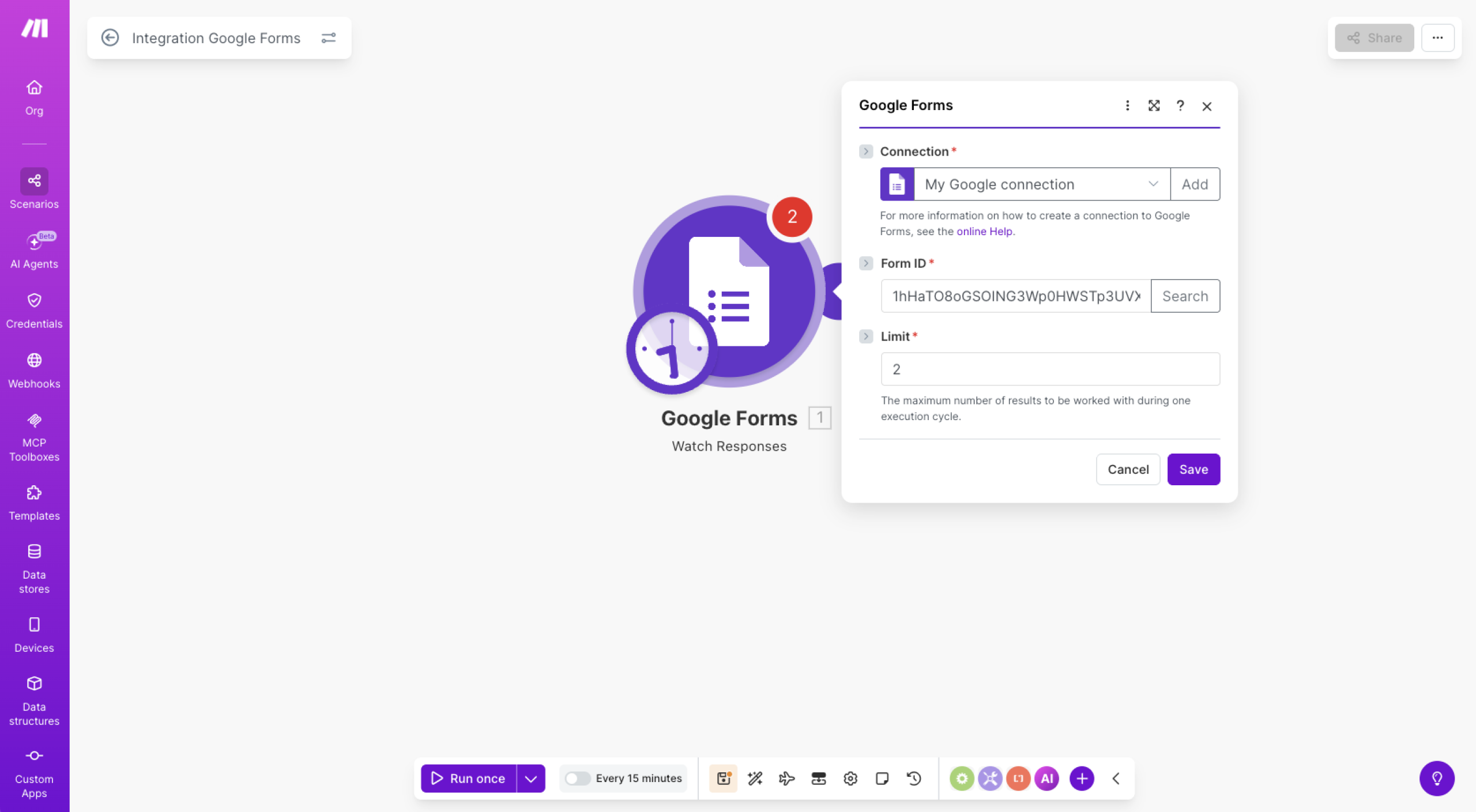 Capture d'écran d'une connexion du formulaire du module Google Forms dans Make