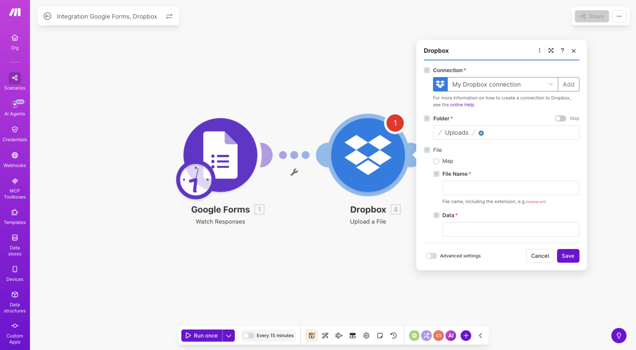 capture d'écran du menu de configuration du module Dropbox dans Make