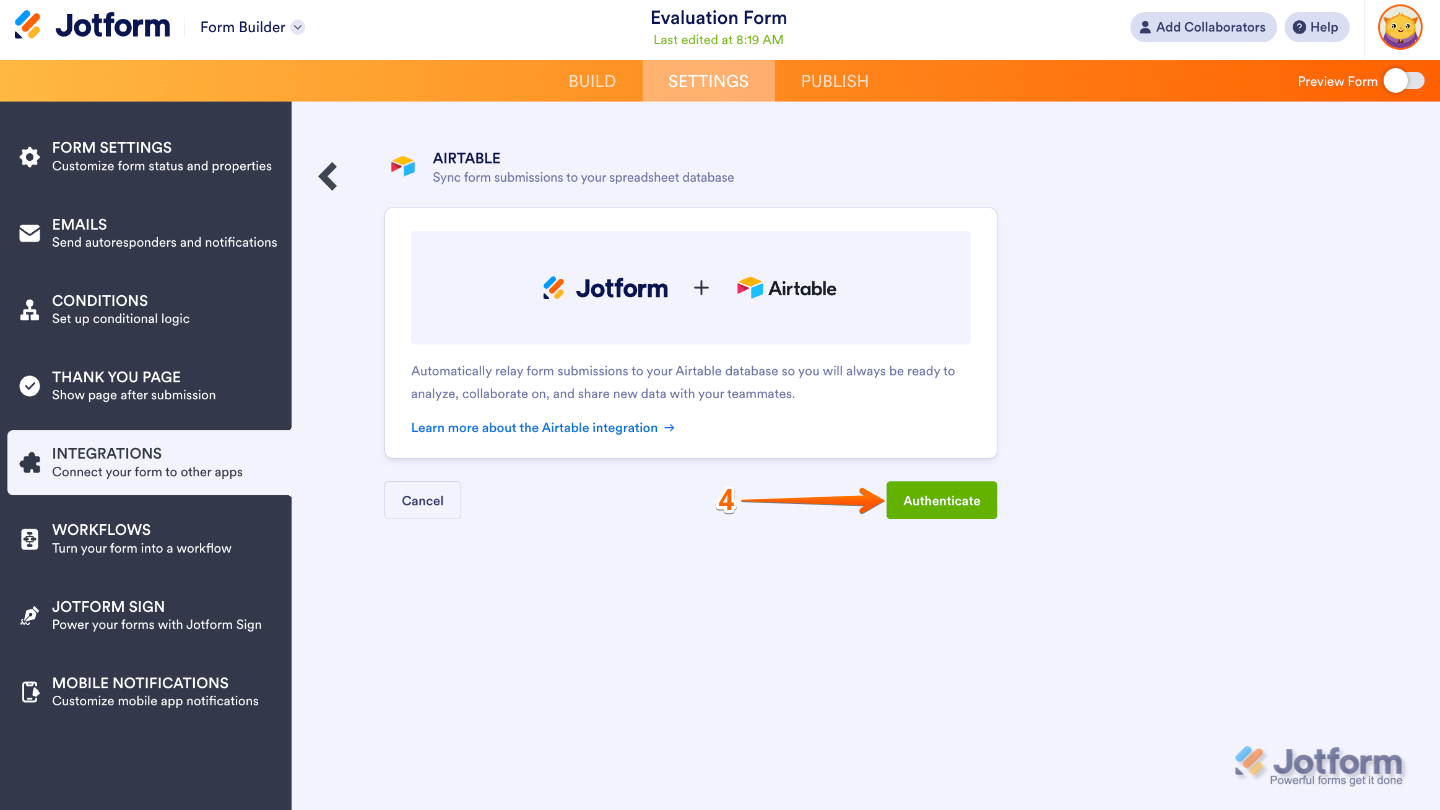 Jotform Airtable integration setup showing the "Authenticate" button to connect the account