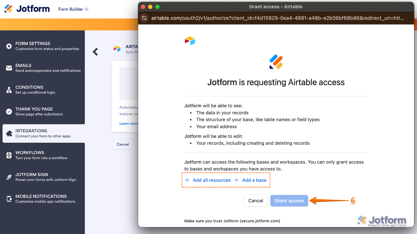 Airtable integration window showing "Add all resources" and "Add a base" options with the "Grant access" button highlighted