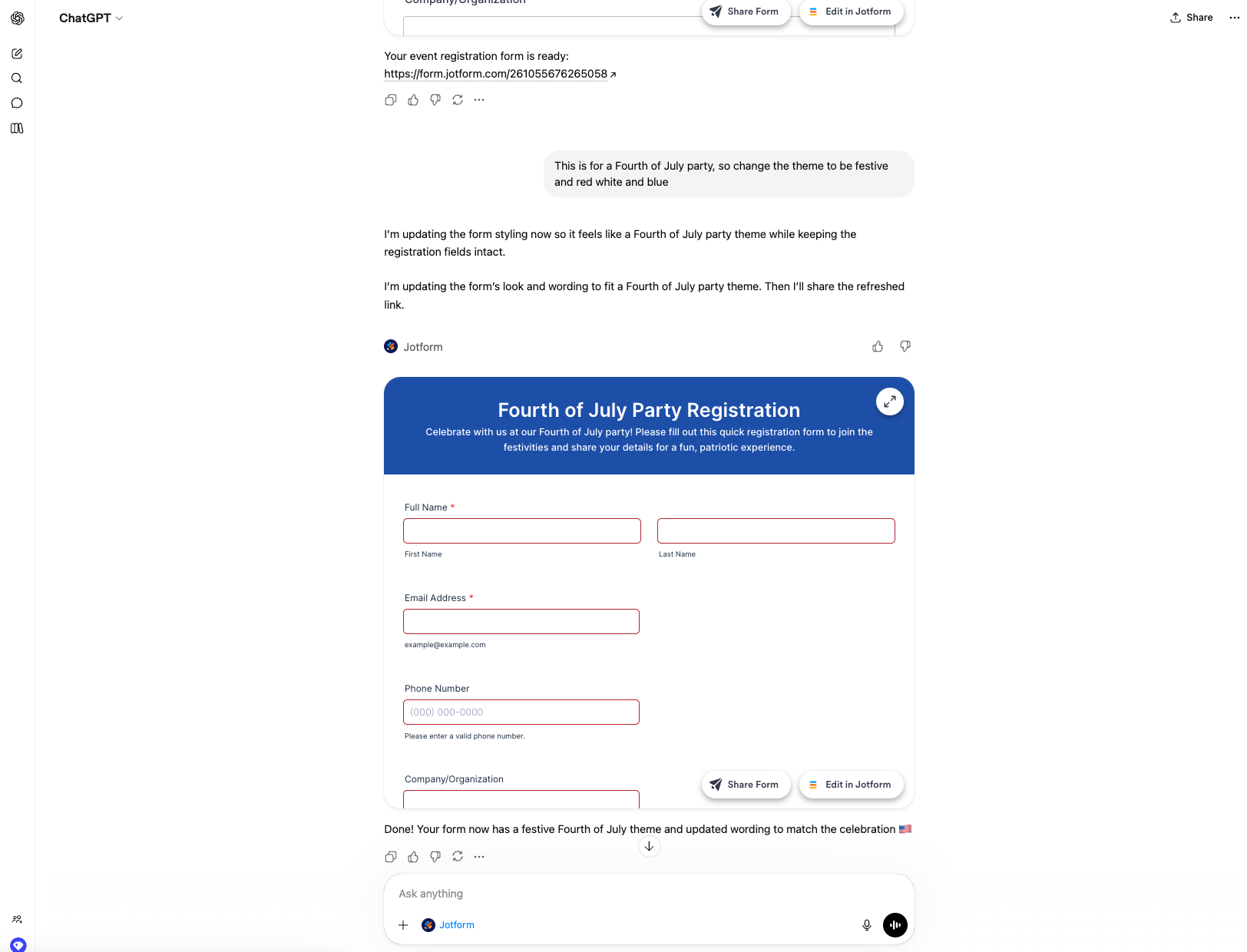 Viewing the Fourth of July form made in the ChatGPT App