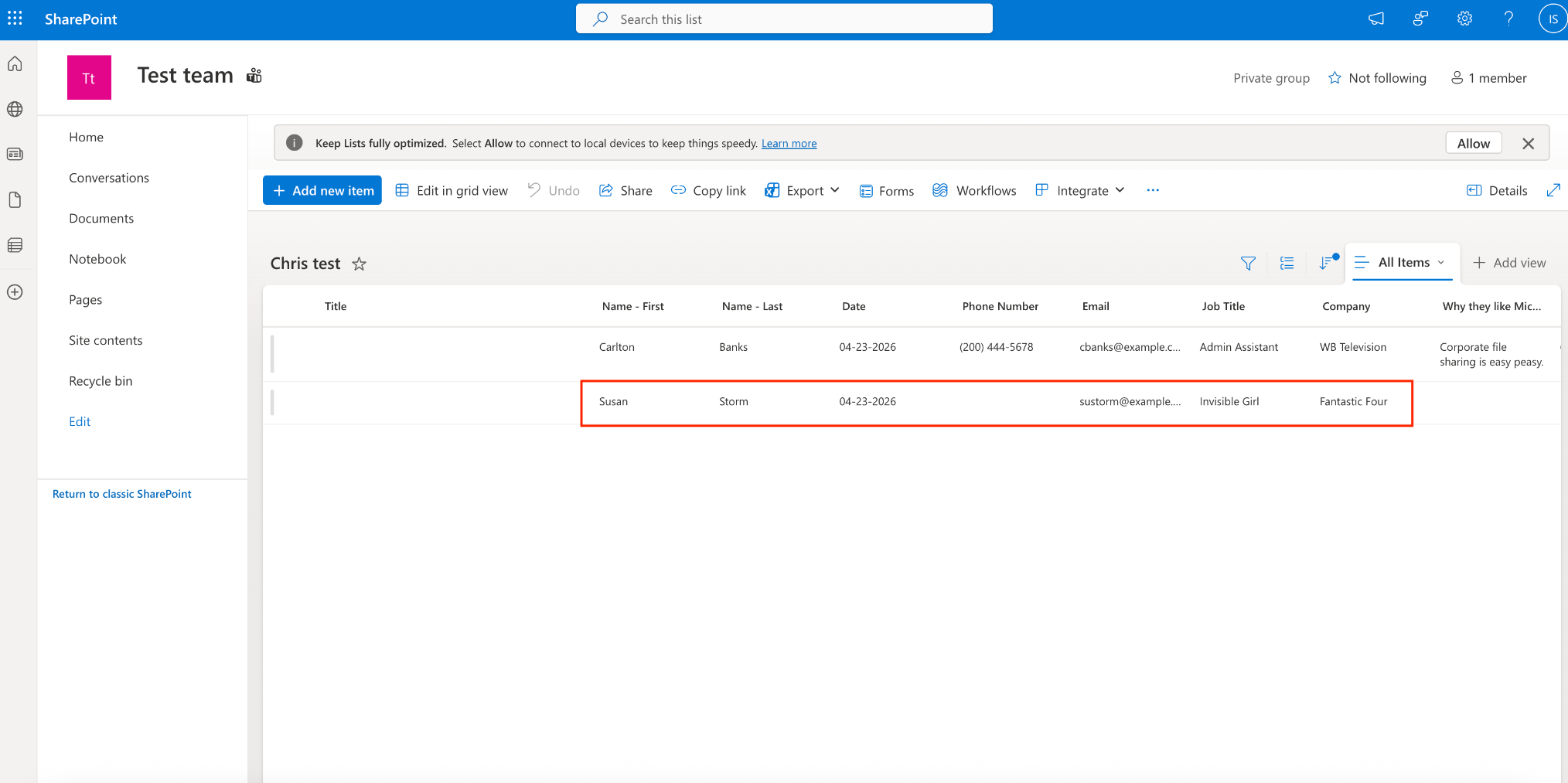 Capture d'écran des entrées ajoutées dans SharePoint