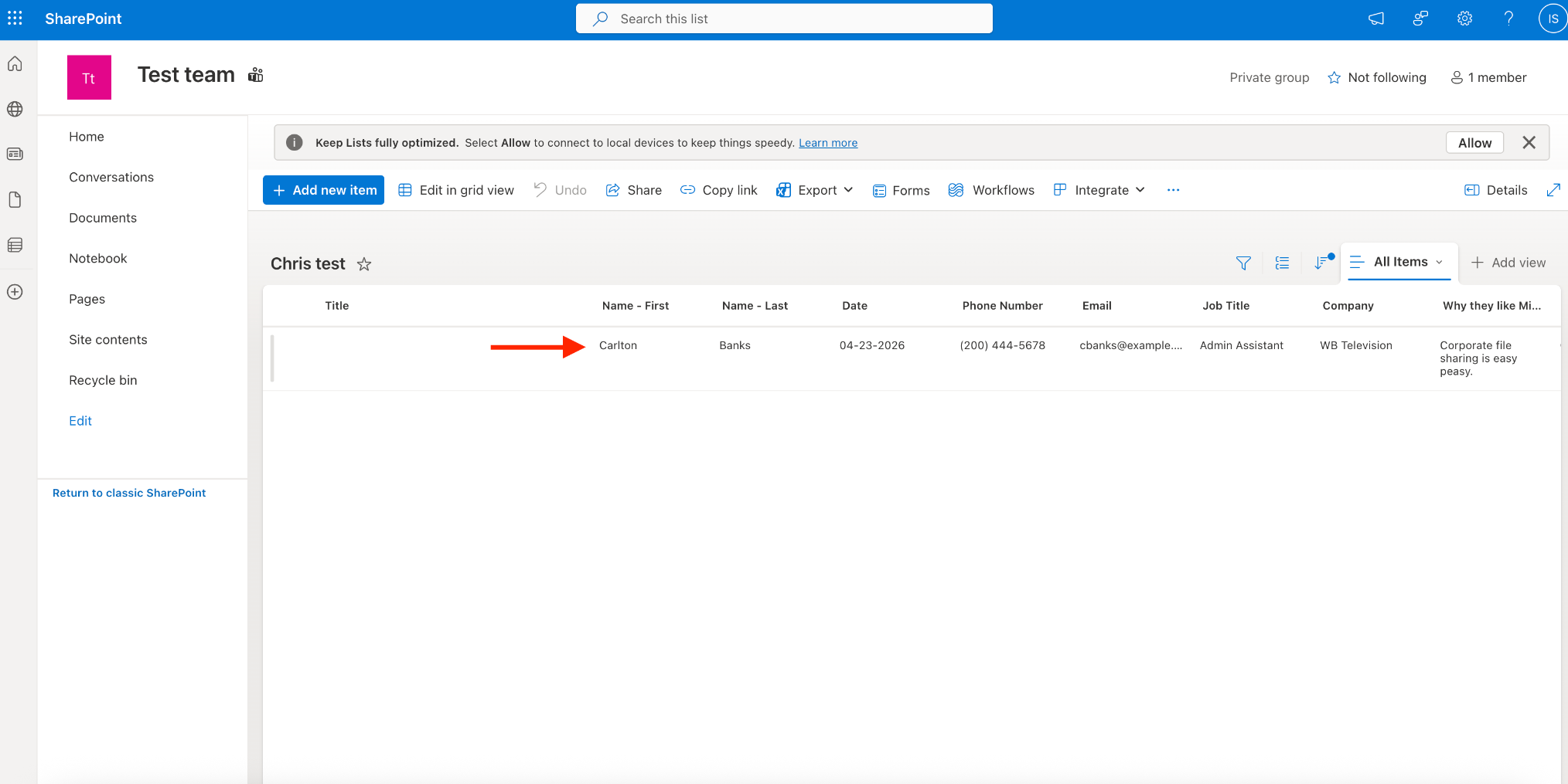 Capture d'écran de l'interface SharePoint qui affiche la soumission Jotform ajoutée à la nouvelle liste SharePoint