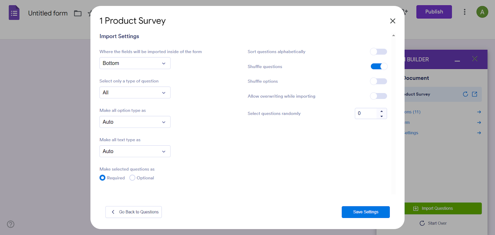 AI Form Builder Importeinstellungen Menü