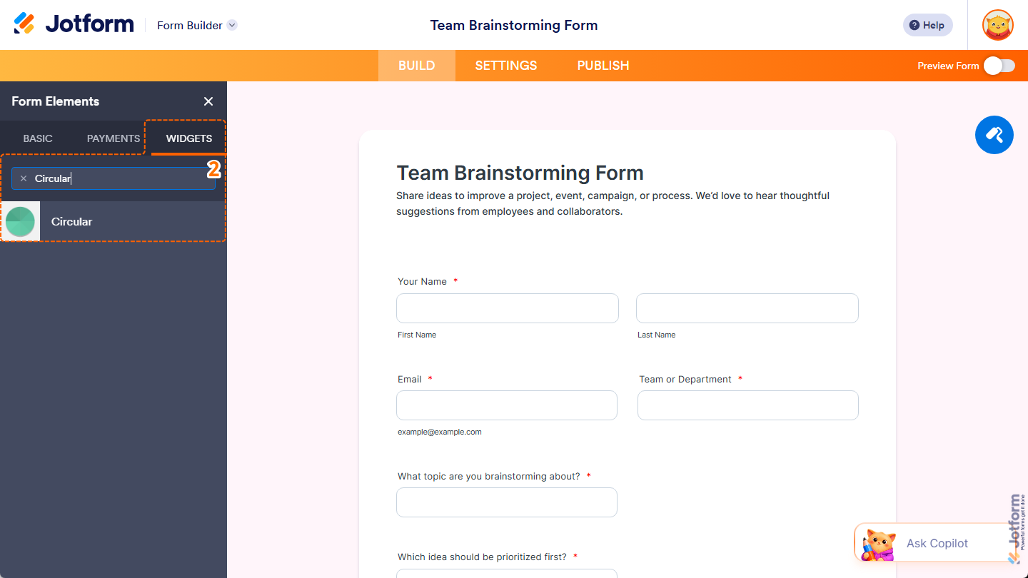 Circular element under the Widgets tab of the Form Elements menu in Jotform Form Builder