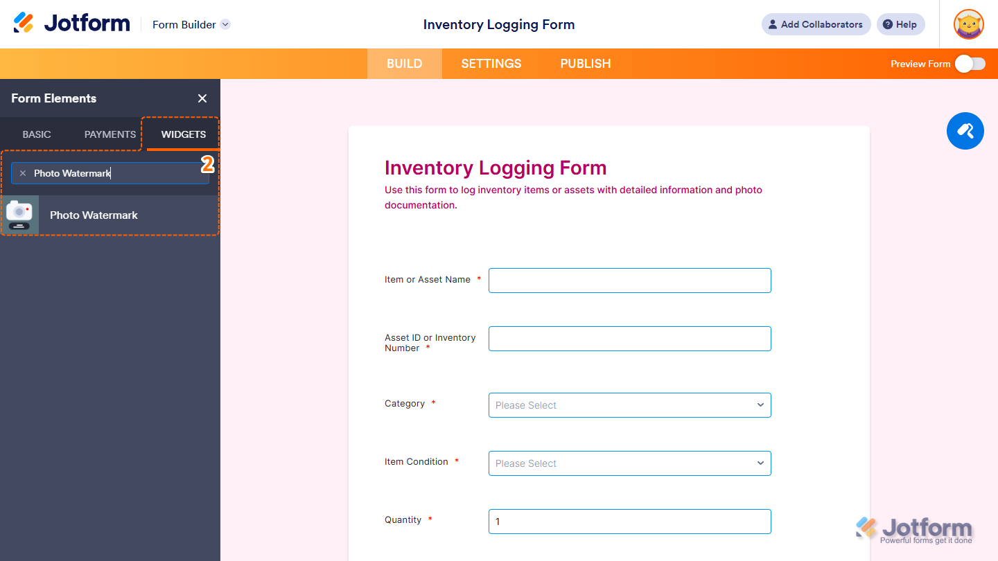 Photo Watermark element under the Widgets tab of the Form Elements menu in Jotform Form Builder
