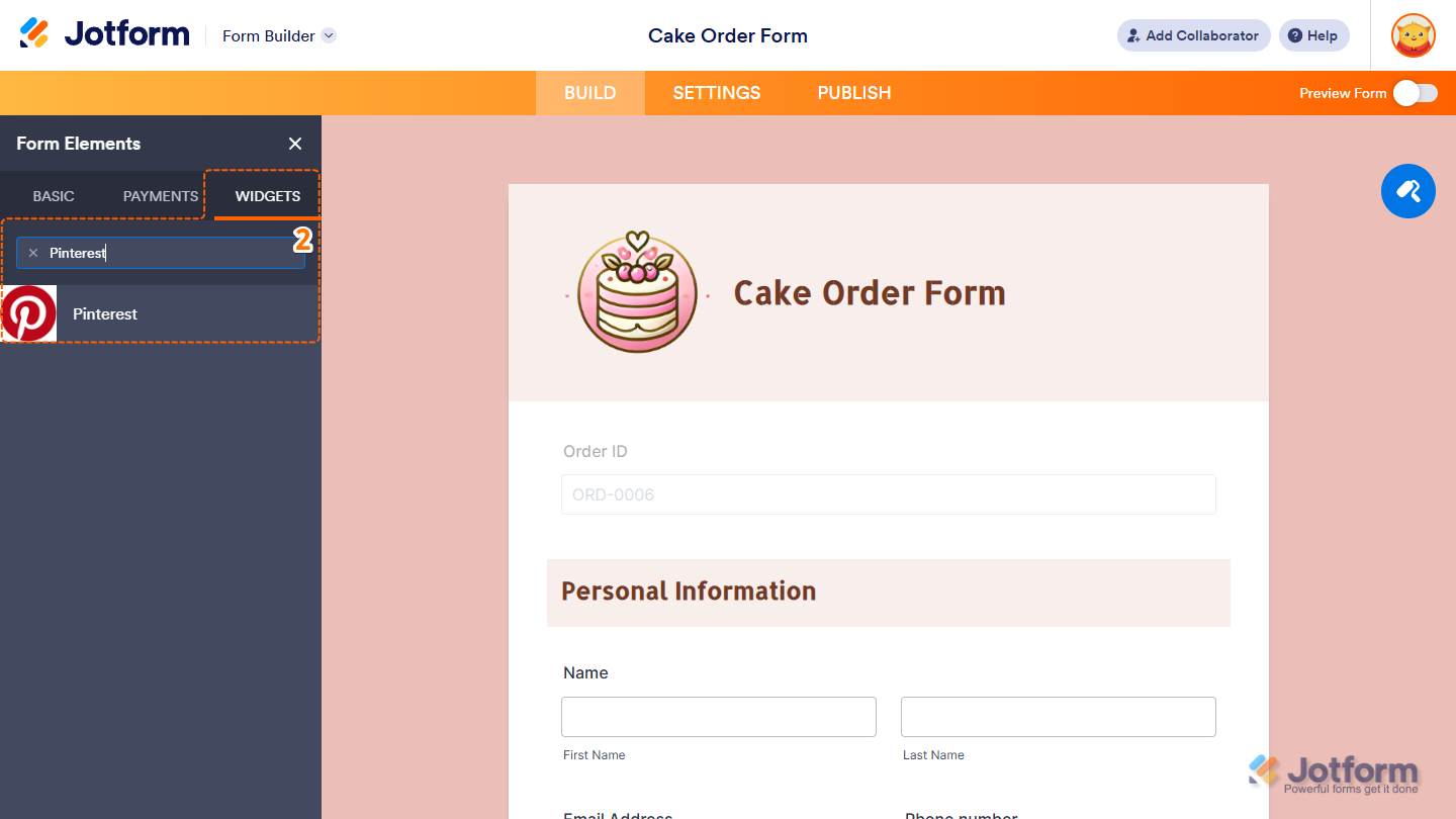 Pinterest element under the Widgets tab of the Form Elements menu in Jotform Form Builder