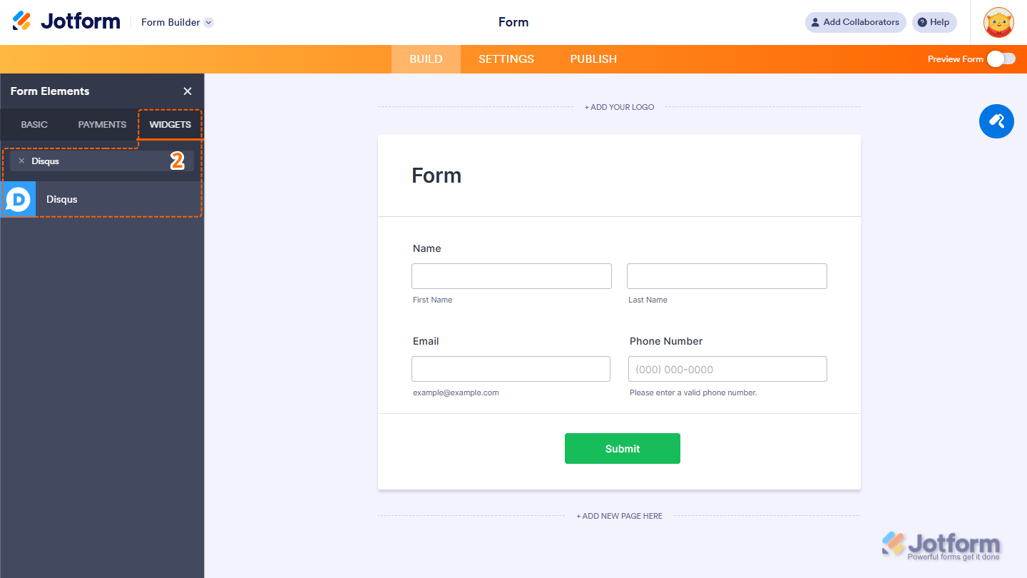 Form Elements Widgets tab showing Disqus widget search and selection in Jotform