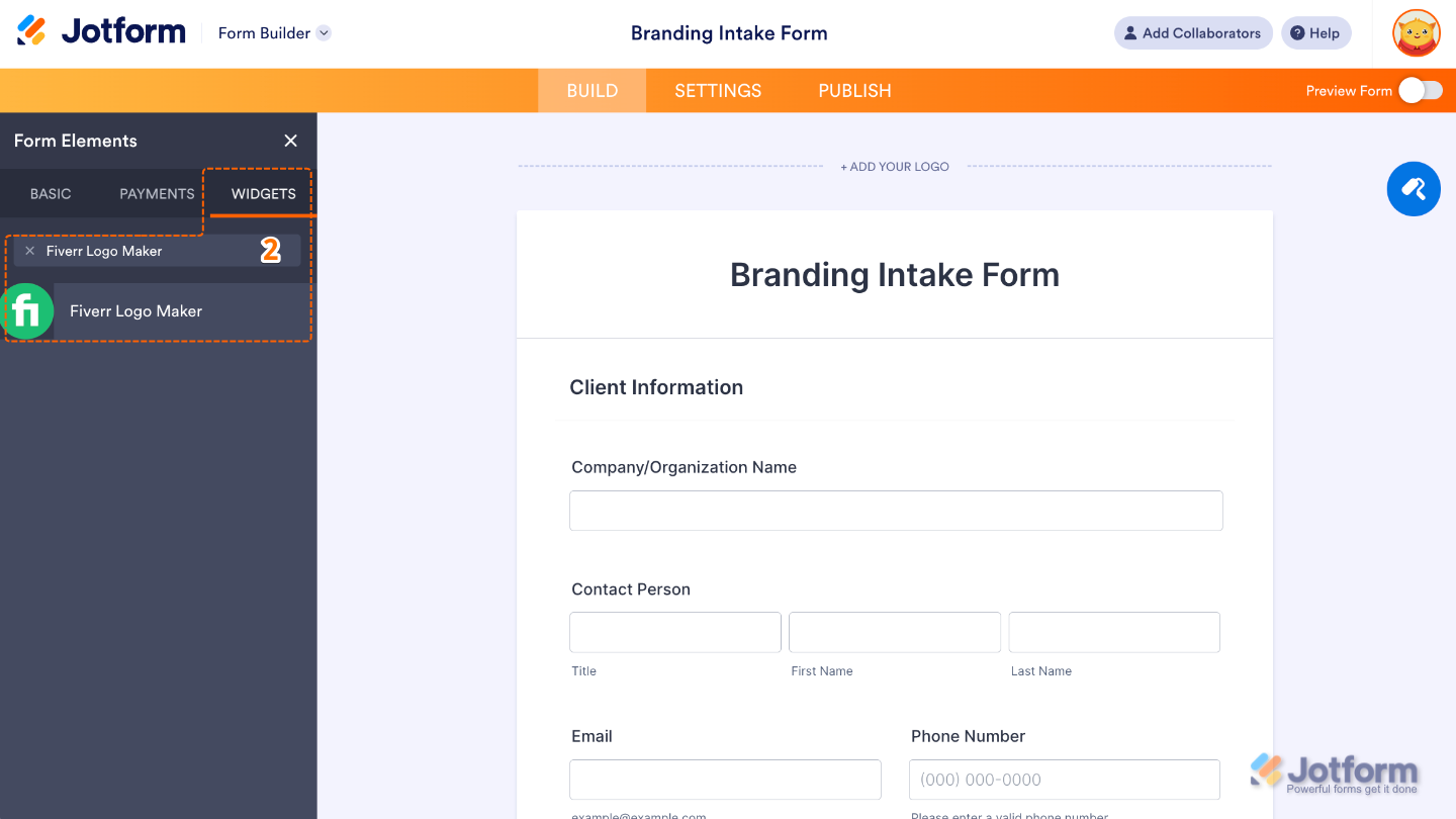 Form Elements panel under the Widgets tab showing the Fiverr Logo Maker widget being searched and added to a form