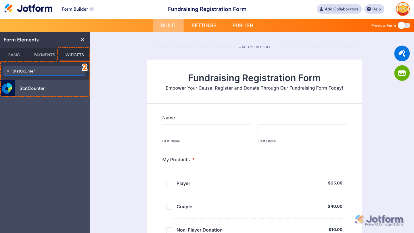 Form Elements panel under the Widgets tab showing the StatCounter widget being searched and added to a form