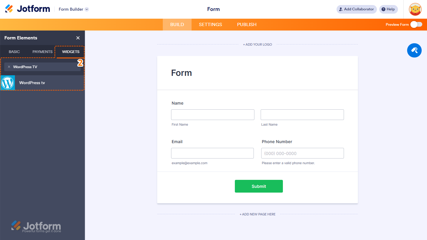 Form Elements Widgets tab showing WordPress TV widget search and selection in Jotform