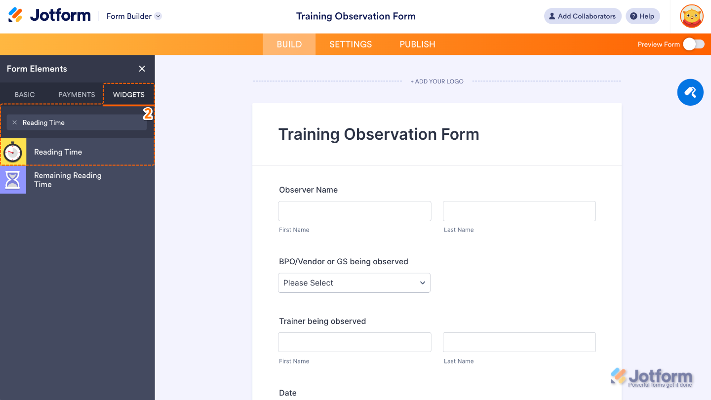 Form Elements panel under the Widgets tab showing the Reading Time widget being searched and added to a form