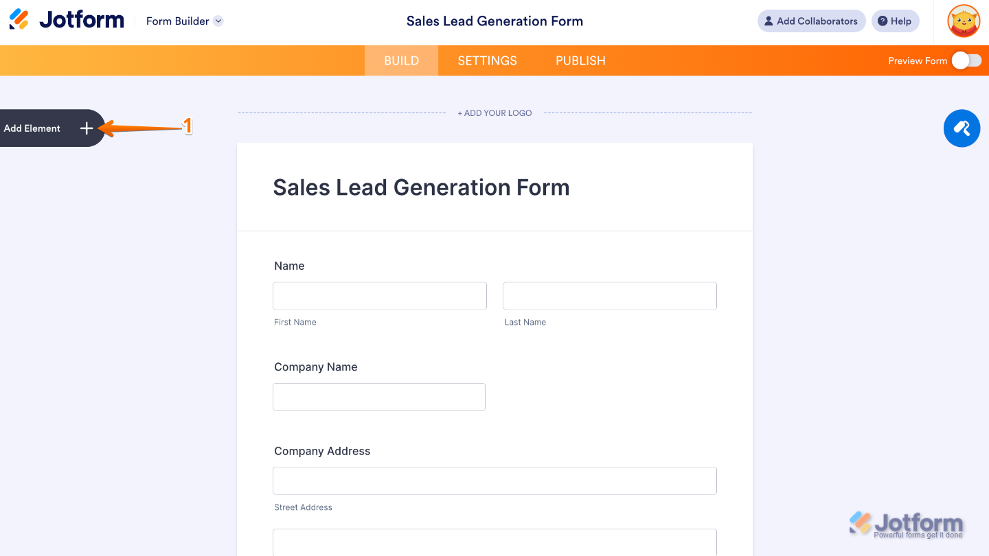 Form Builder interface highlighting the Add Element button on the left panel to add new fields and widgets