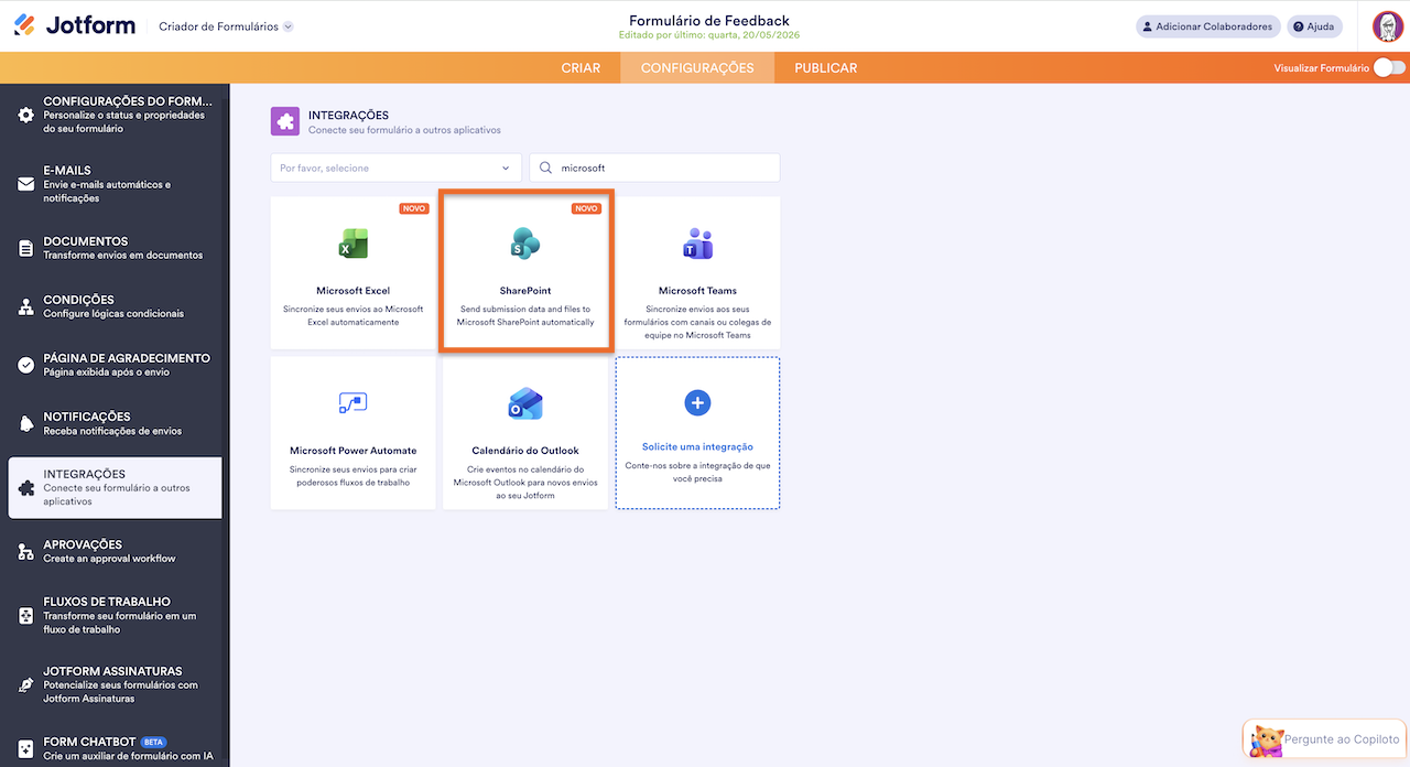 Selecionando a opção Microsoft SharePoint na página de Integrações no Criador de Formulários Jotform