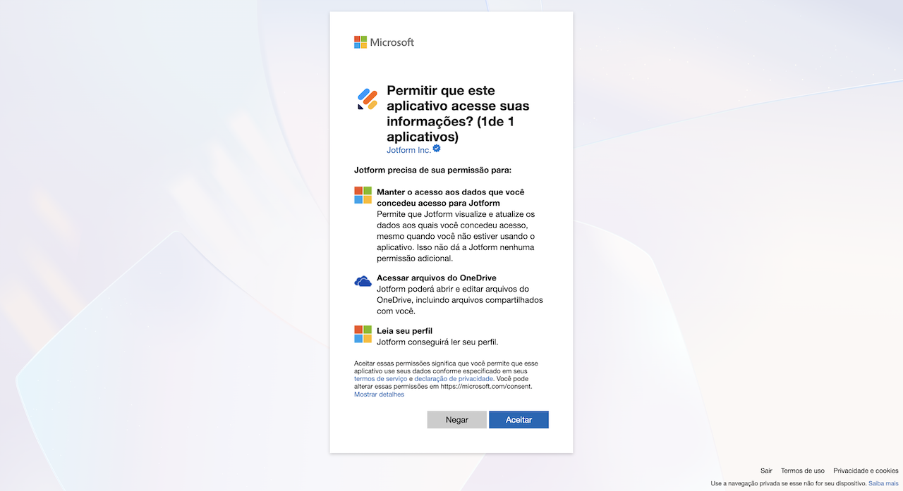Autenticando conta Microsoft para conectar o Microsoft Excel ao Criador de Formulários Jotform