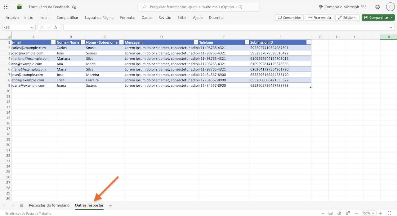 Visualizando a ação Adicionar Linha a Nova Tabela no Microsoft Excel
