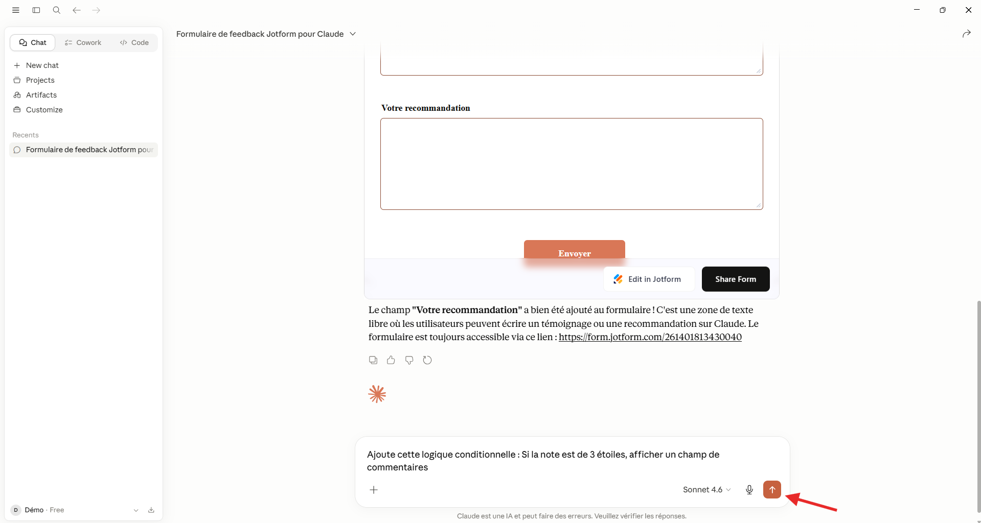 Capture d'écran d'un prompt dans Claude pour ajouter une logique conditionnelle avec l'application Jotform pour Claude