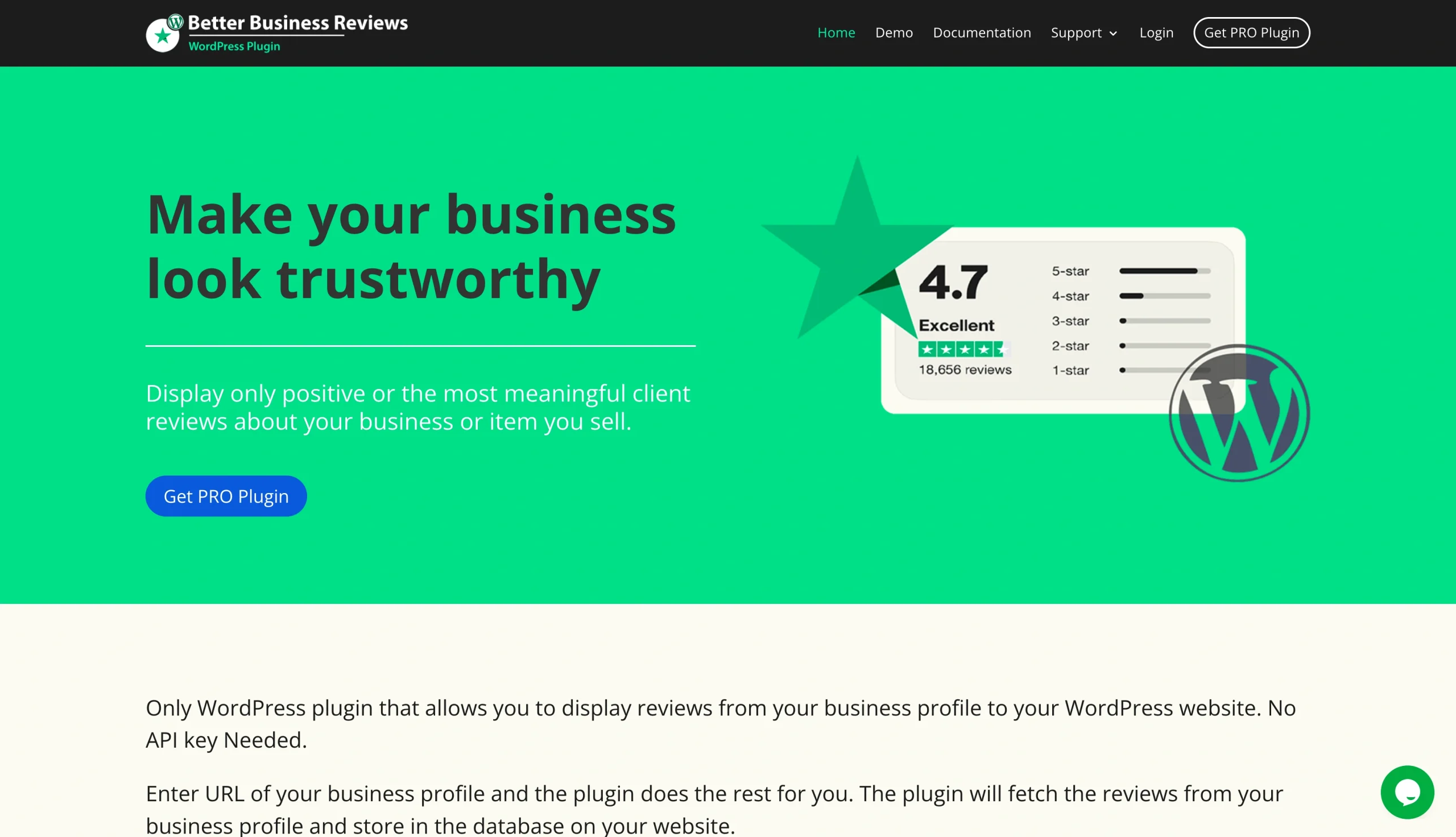Better Business Reviews plugin landing page for displaying Trustpilot reviews