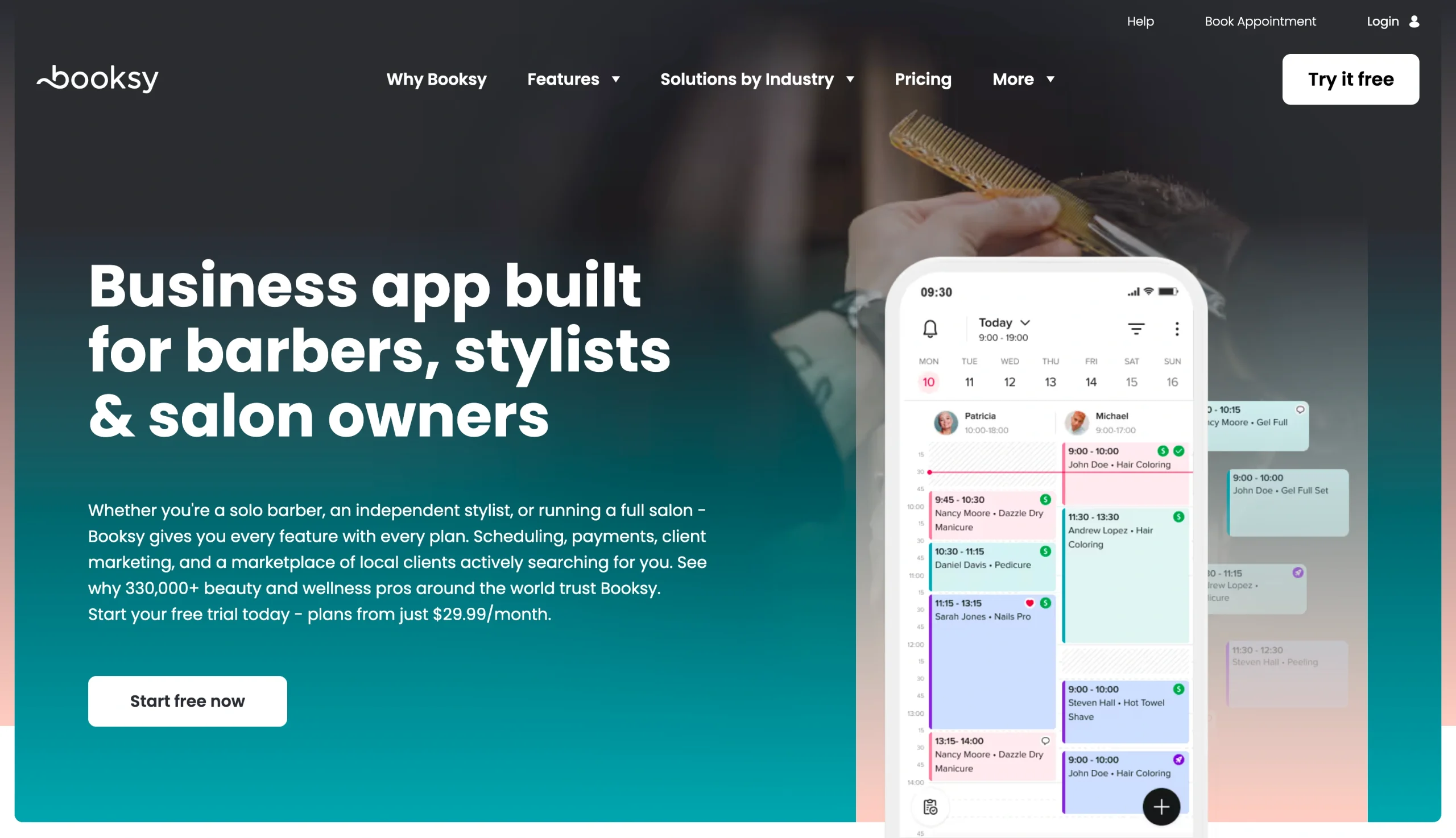 Screenshot of the Booksy landing page, showing a headline "Business app built for barbers, stylists salon owners"