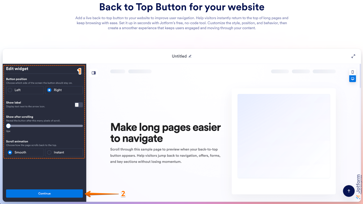 Back to Top Button widget settings panel showing options for button position, label display, scroll visibility, and animation